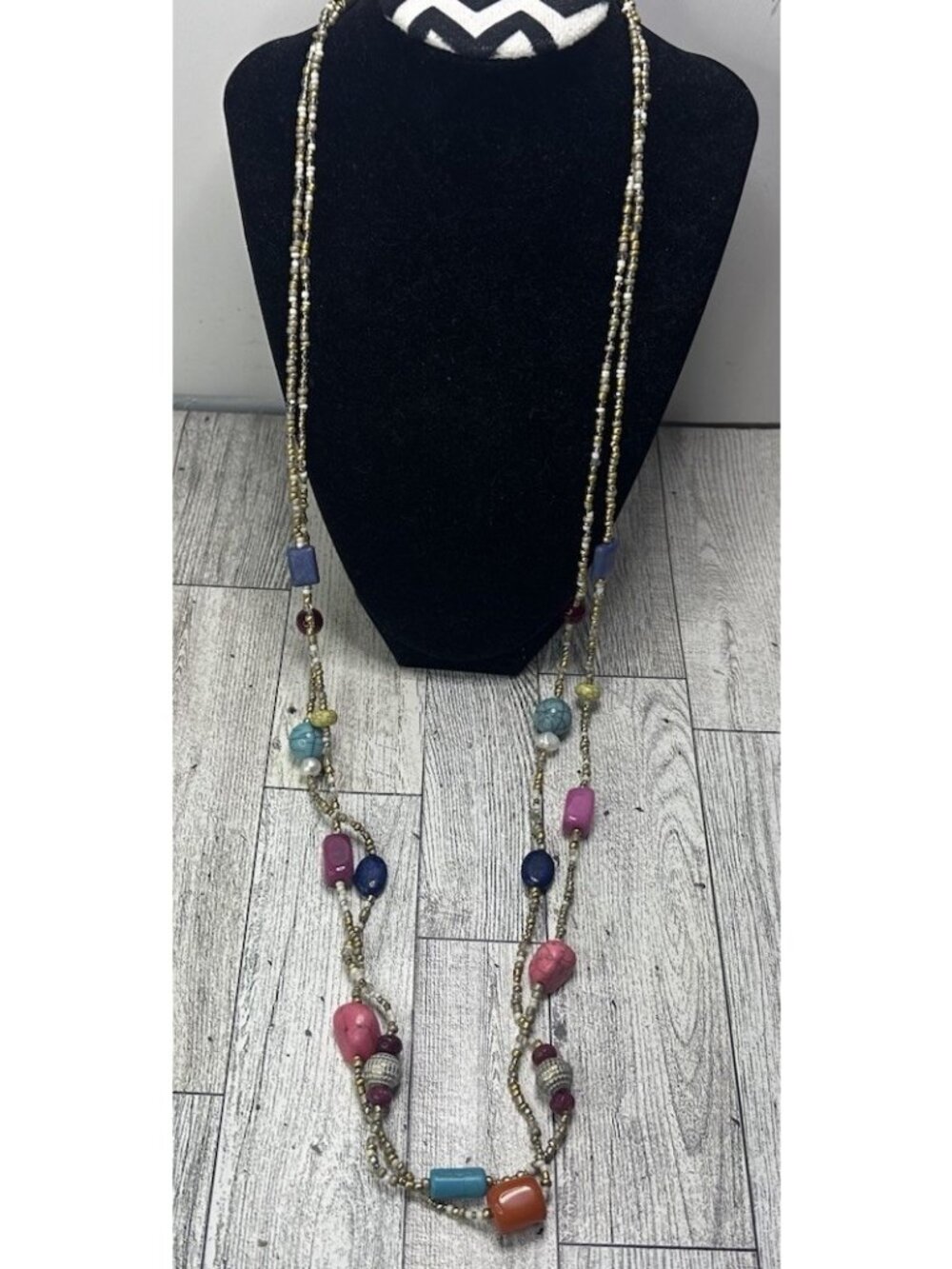 Chicos Long Beaded Multi Dual Strand Necklace Multi Color Stones Statement Piece